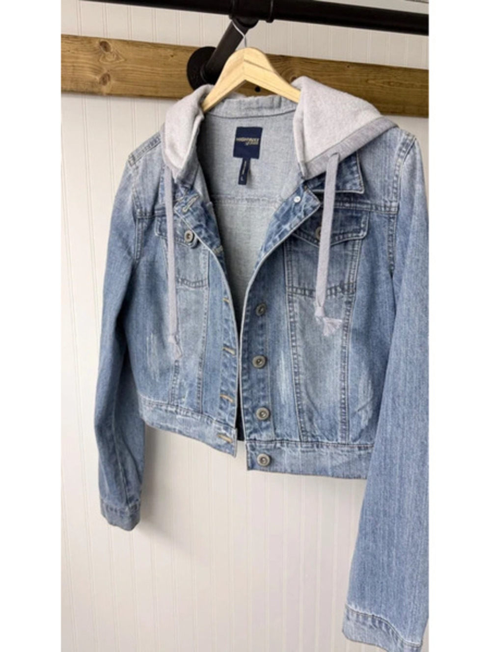Highway Jeans cropped denim jacket grey jersey-knit hood large streetwear rock